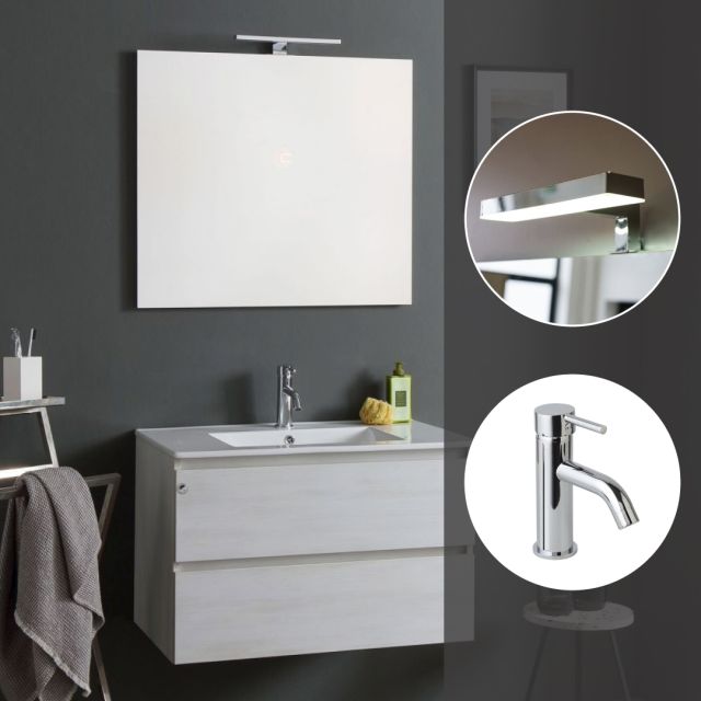 Mobile bagno 80cm bianco legno completo di lavabo, rubinetto, specchio con lampada Mobile bagno 80cm bianco legno completo di lavabo, rubinetto, specchio con lampada