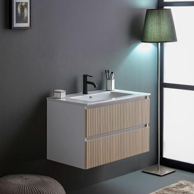 Mobile bagno sospeso 100cm 2 cassetti bianco e rovere cannettato | Bilbao Mobile bagno sospeso 100cm 2 cassetti bianco e rovere cannettato | Bilbao