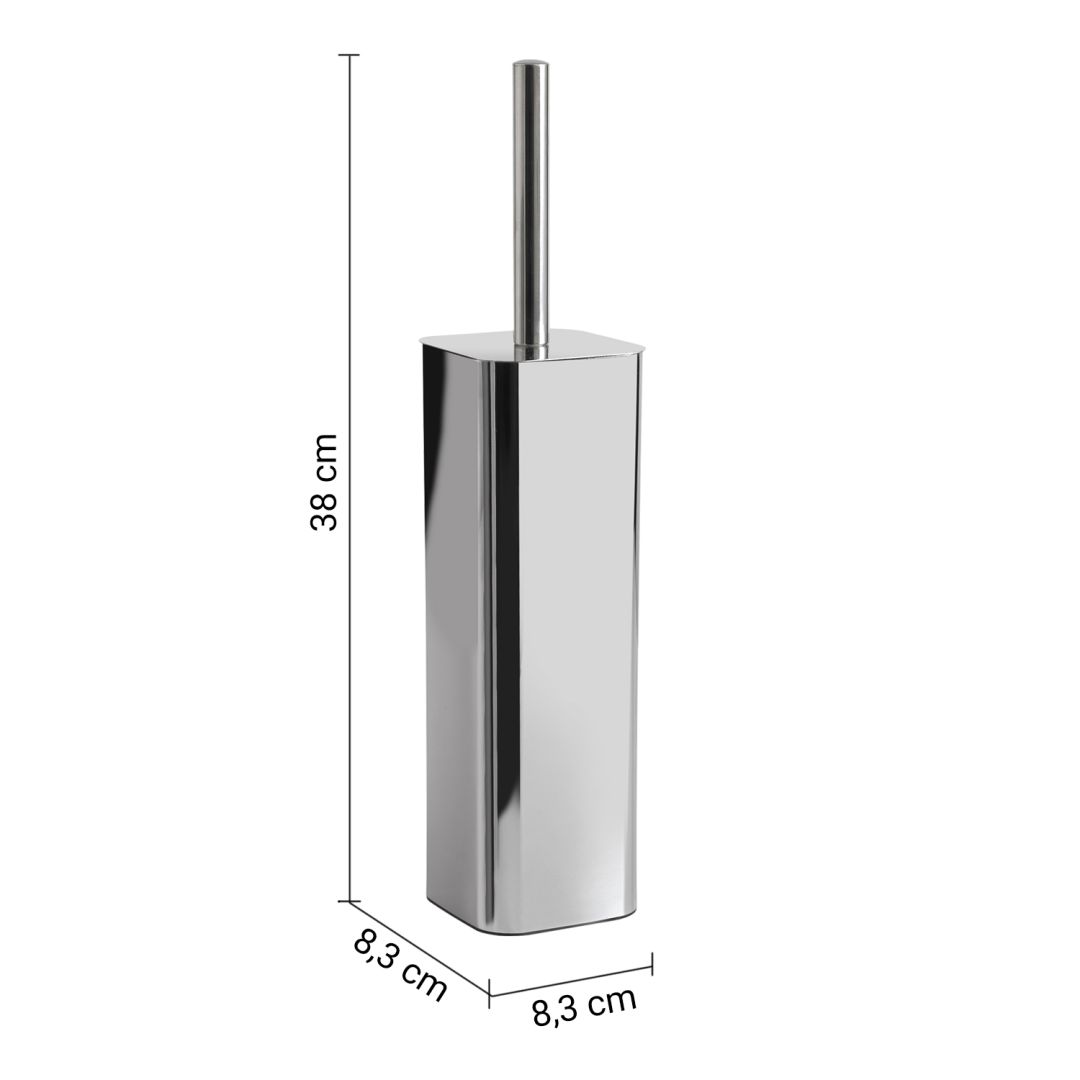 Scopino WC da terra in acciaio inox cromato, vista frontale su fondo bianco