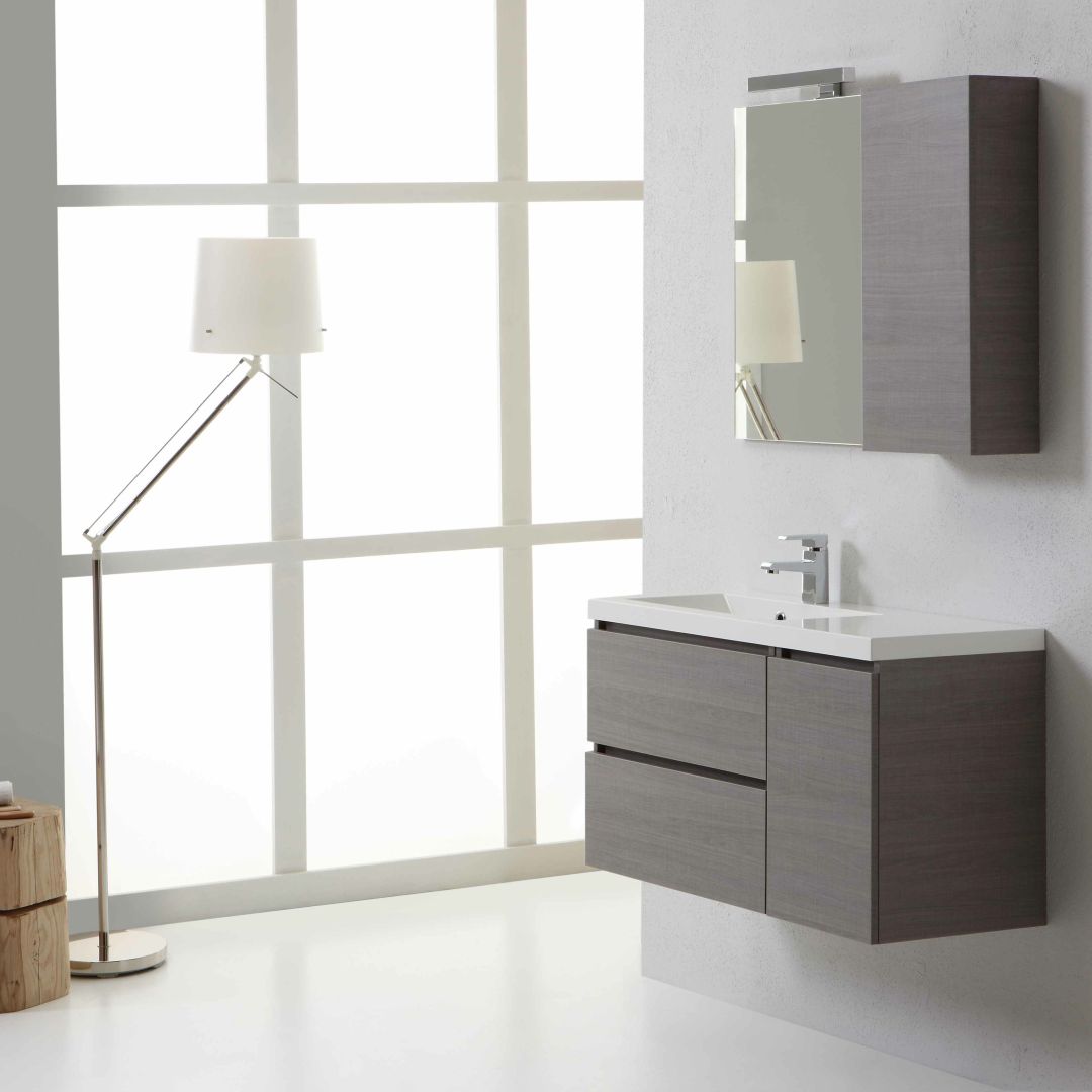 Mobile per bagno Manhattan completo di base con cassetti e ante, lavabo, specchio, pensile e illuminazione