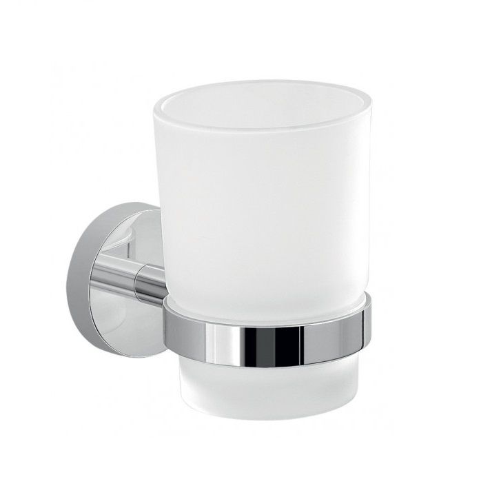 Porta spazzolini in metallo cromato con bicchiere in vetro