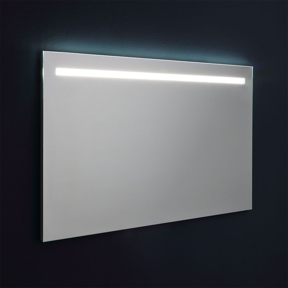 Moderno specchio retroilluminato con fascia a led superiore 120 x 70 cm acceso