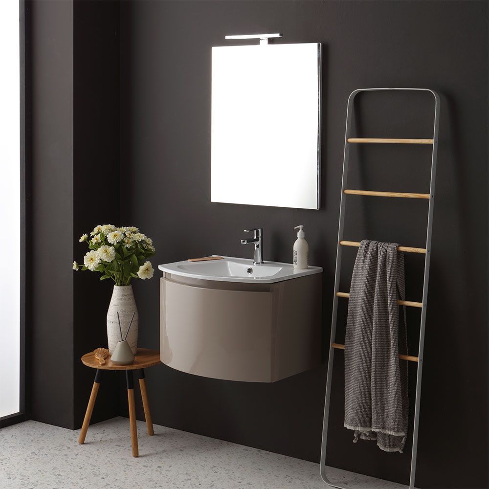 mobile bagno sospeso linea curva e specchio rettangolare
