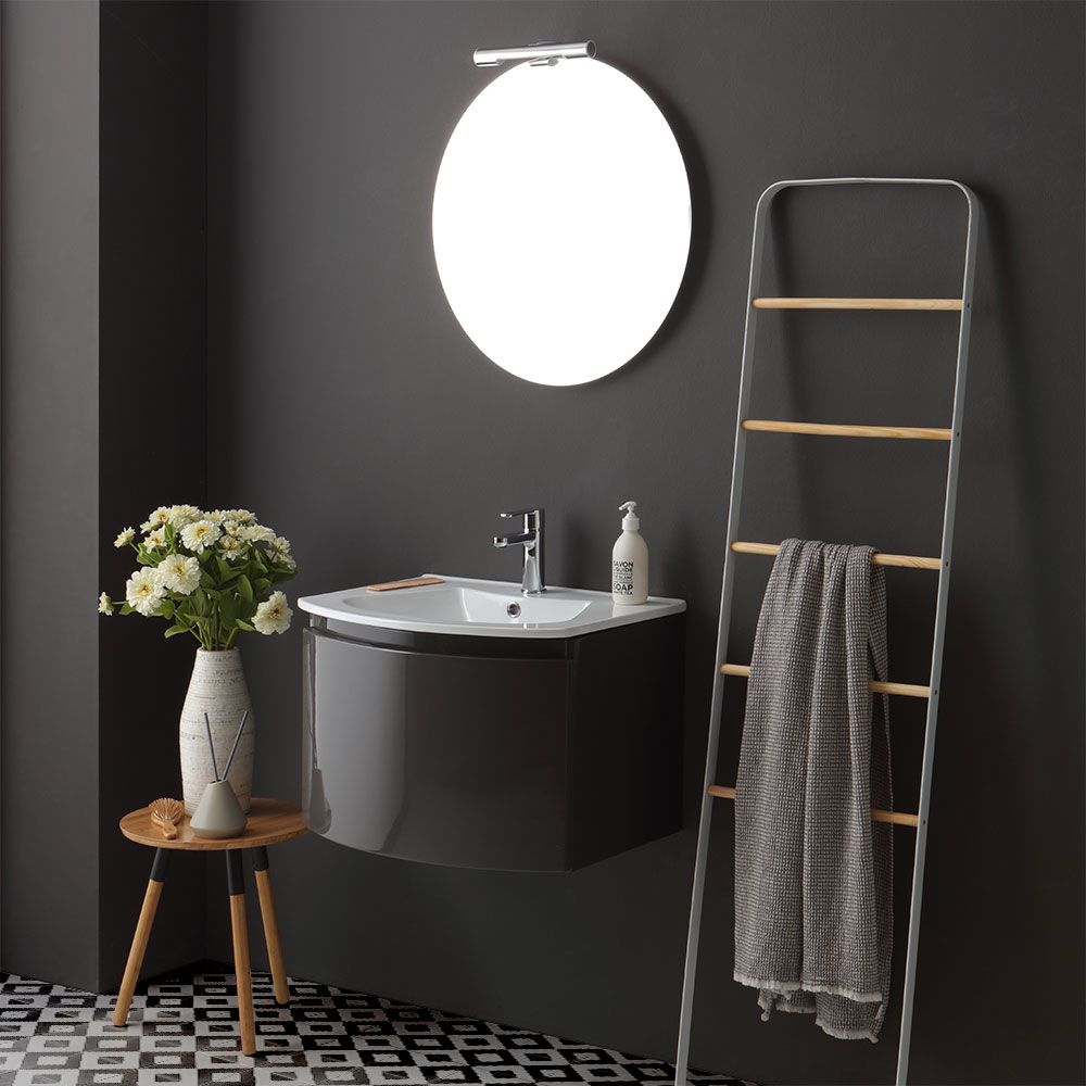 mobile bagno curvo sospeso grigio lucido e specchio tondo