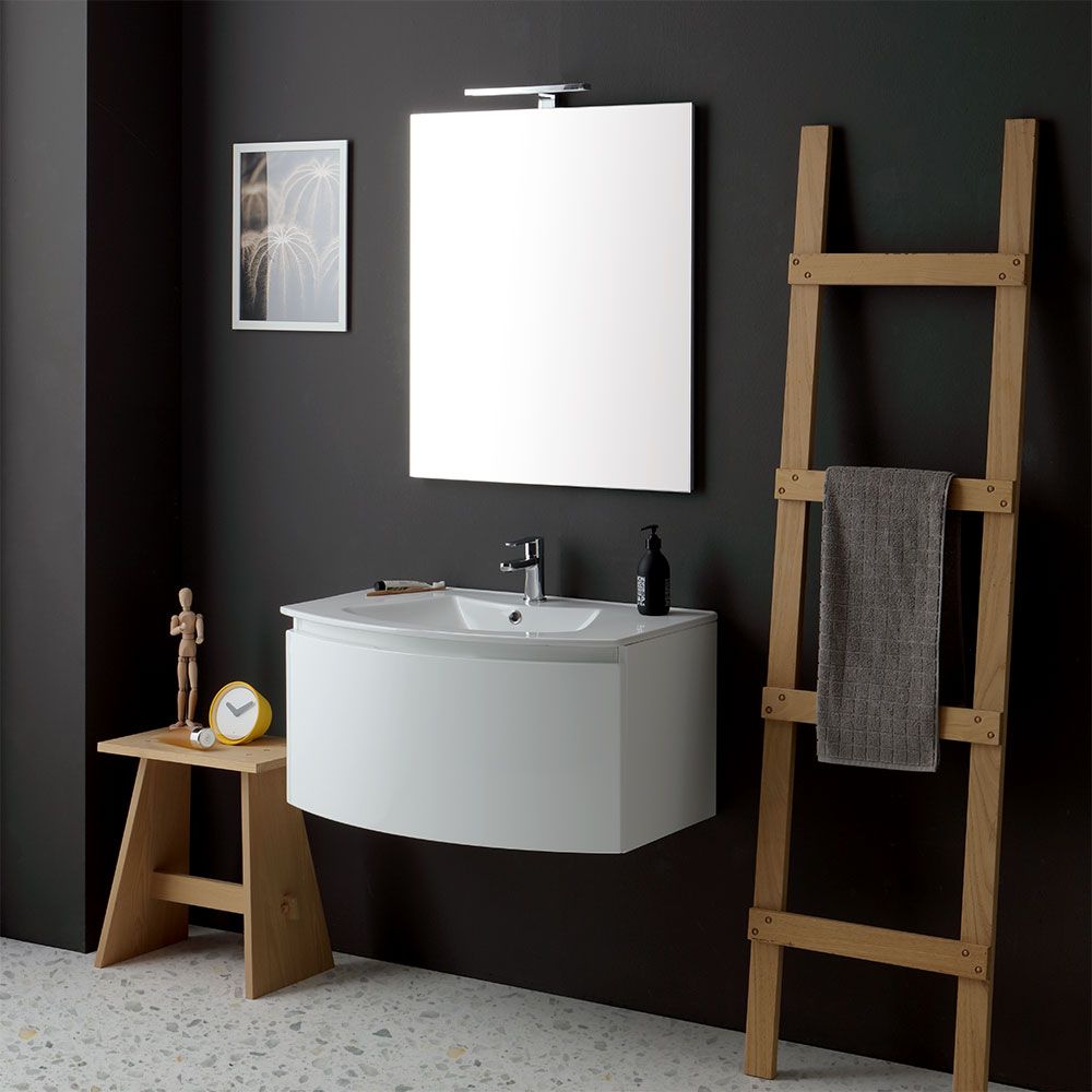 mobile bagno curvo con lavabo e specchio