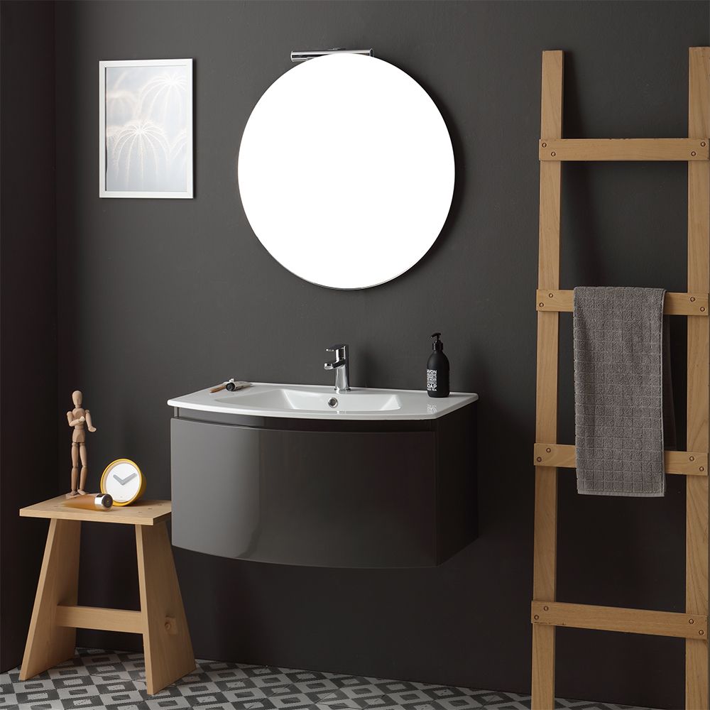 mobile bagno antracite con lavabo sospeso e specchio tondo