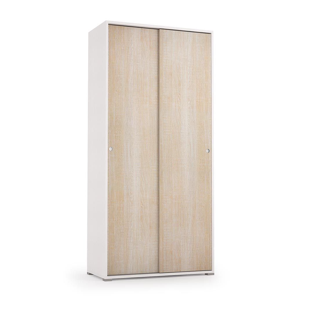 Mobile multiuso bianco con ripiani e doppia anta scorrevole rovere