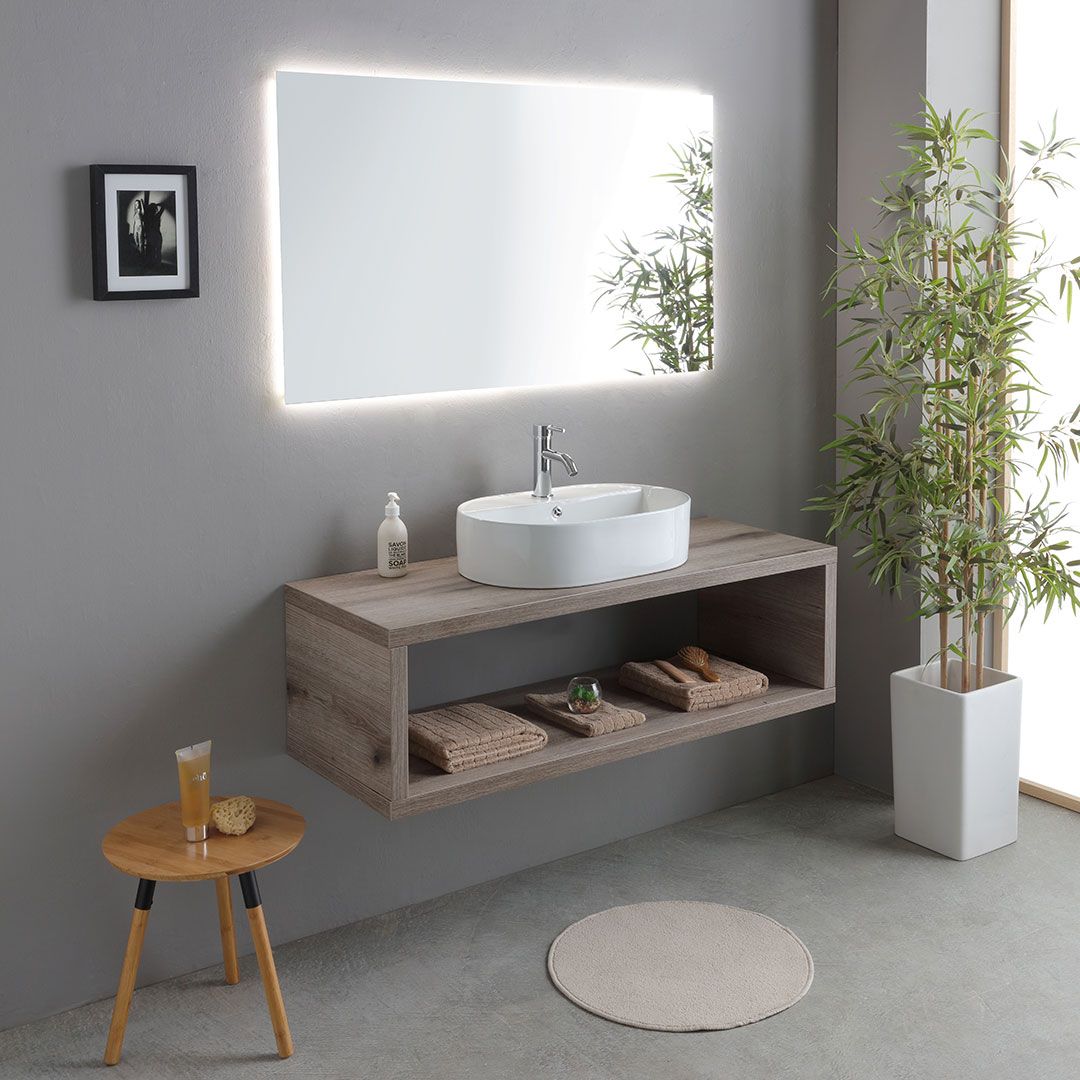 Mobile bagno sospeso 120cm rovere fossile con lavabo bianco e specchio led