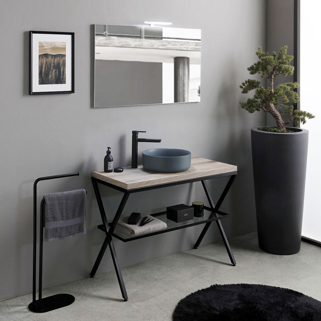 Composizione bagno 100cm con piano in legno rovere fossile e lavabo grigio