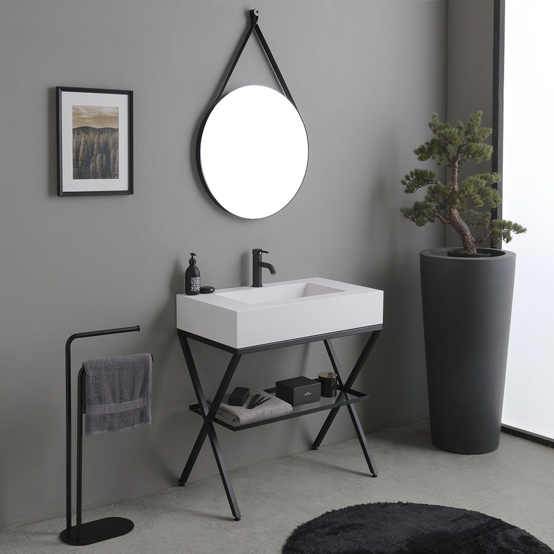 Cavalletto in metallo nero opaco con lavabo in resina bianco 80cm e specchio tondo