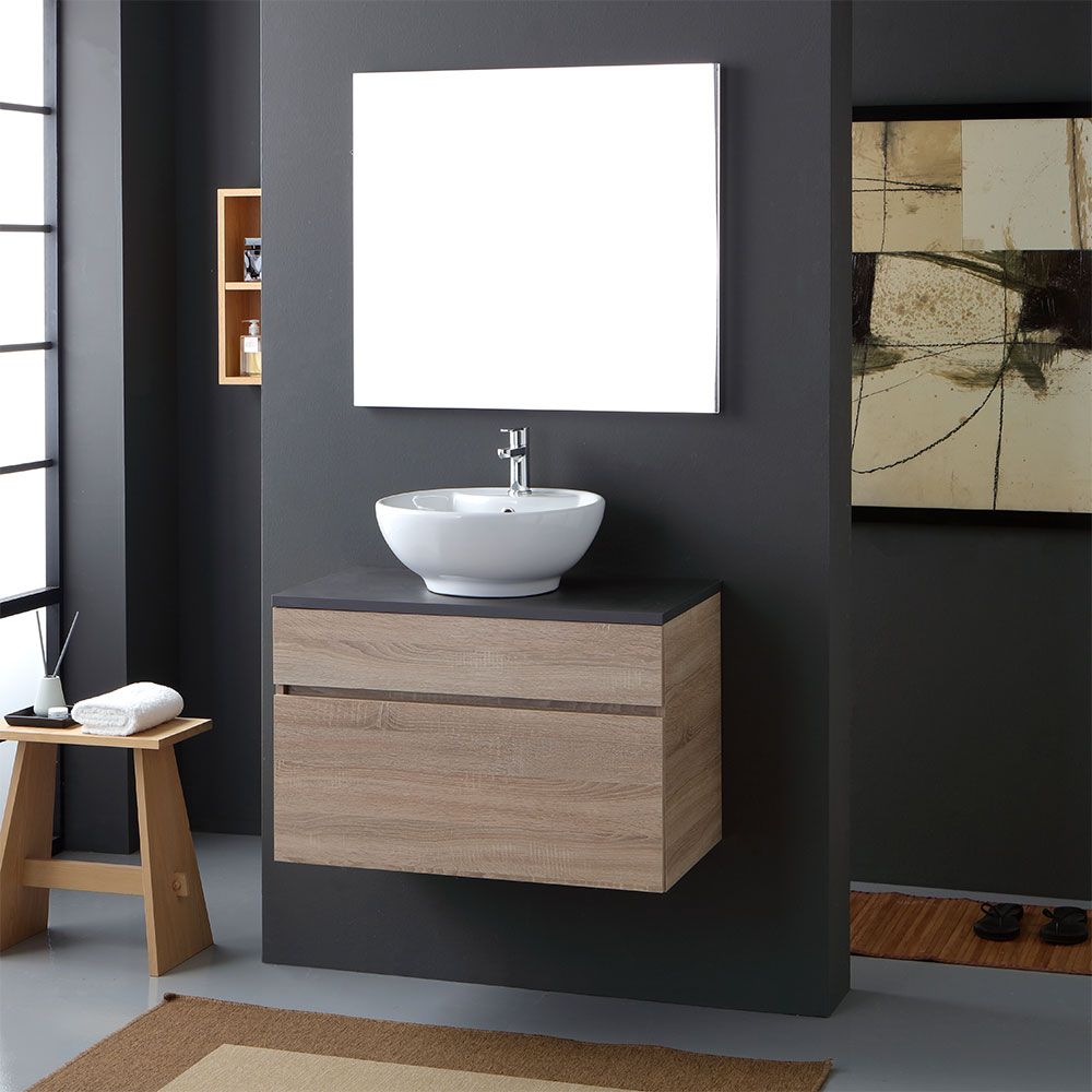Mobile bagno con top in legno e lavabo da appoggio