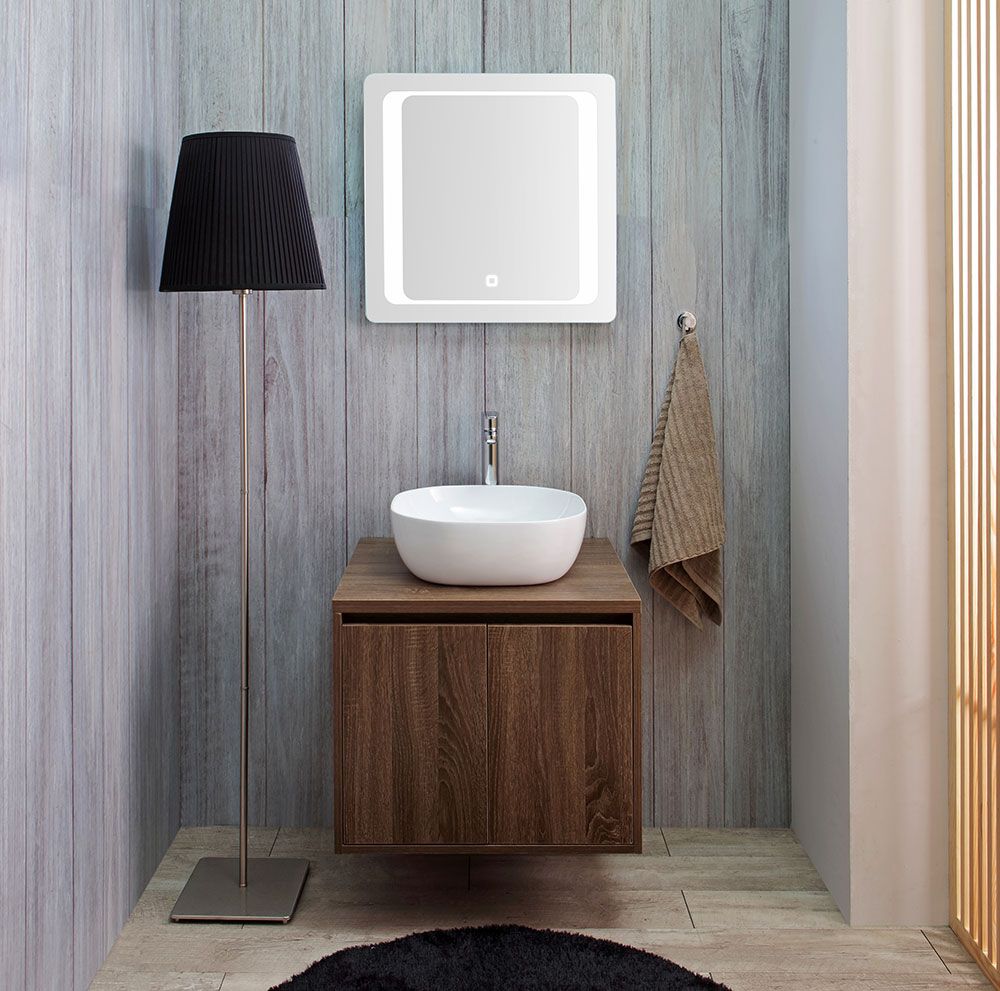 Composizione bagno sospesa con lavabo d'arredo e specchio a led