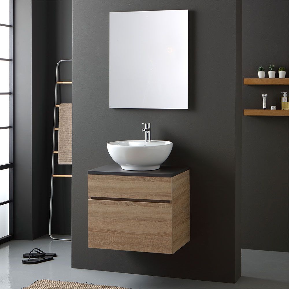 Mobile bagno con top in legno e lavabo da appoggio tondo