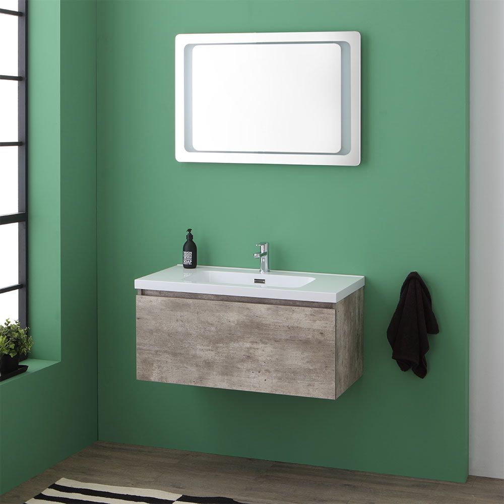 Mobile bagno con cassetto cemento e specchio led integrato