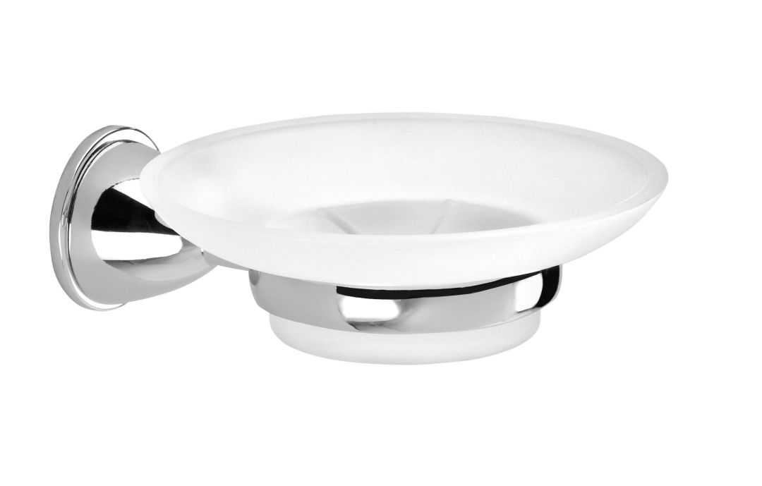 Portasapone Gemma in raffinato vetro satinato con complementi in acciaio e fissaggio a parete