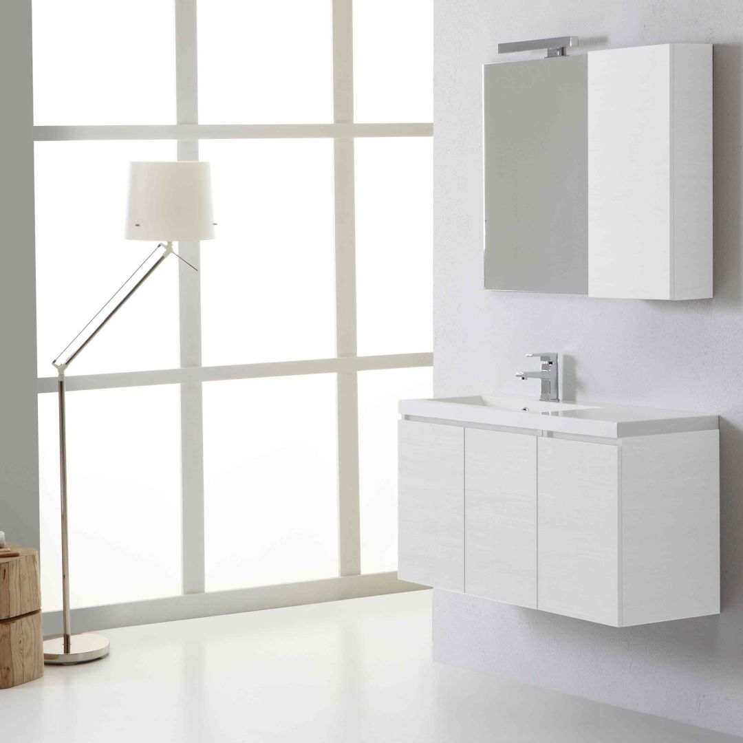 Mobile 90 cm sospeso con ante e pensile in bianco foresta