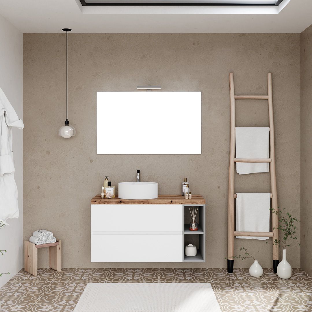 Mobile bagno sospeso 100cm con 2 cassetti, vano a giorno e specchio con lampada