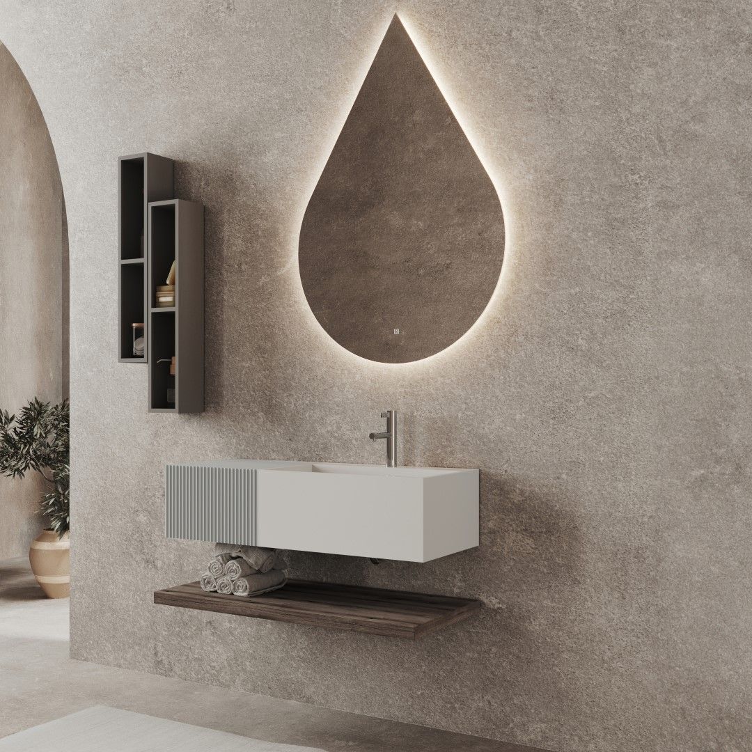 Mobile bagno 100cm con cassetto grigio cannettato e specchio led a goccia