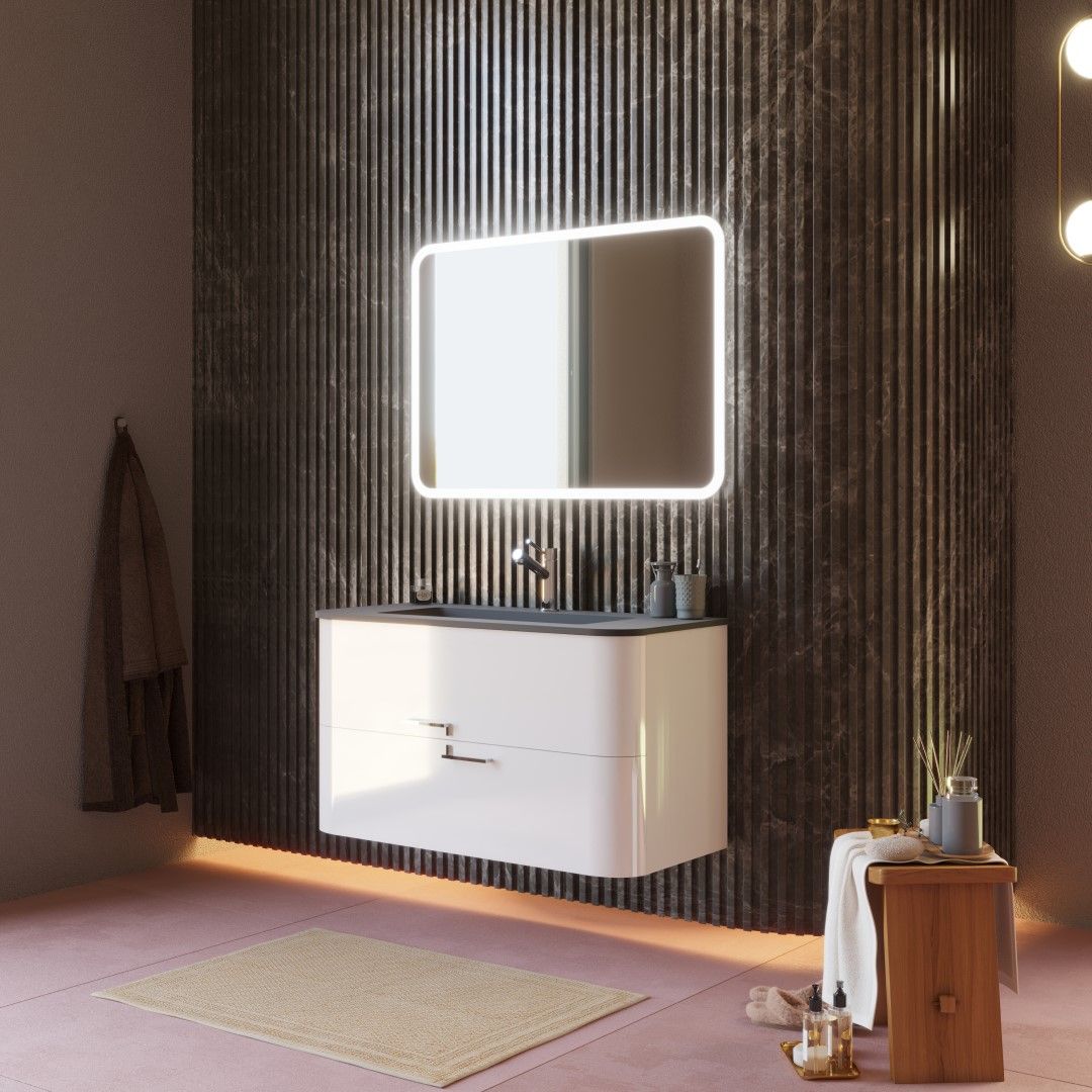 Mobile bagno sospeso 100cm con cassetti bianco lucido e lavabo in resina nero