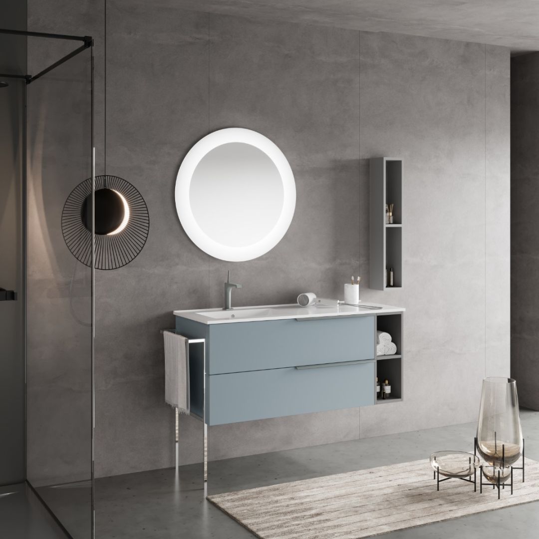Mobile bagno sospeso celeste con vano grigio e specchio tondo