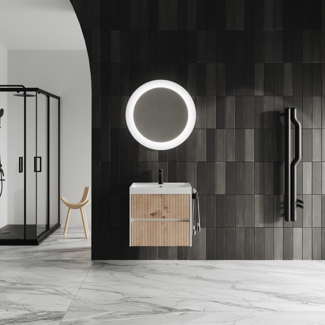 Mobile bagno 60cm rovere oro cannettato  e specchio tondo