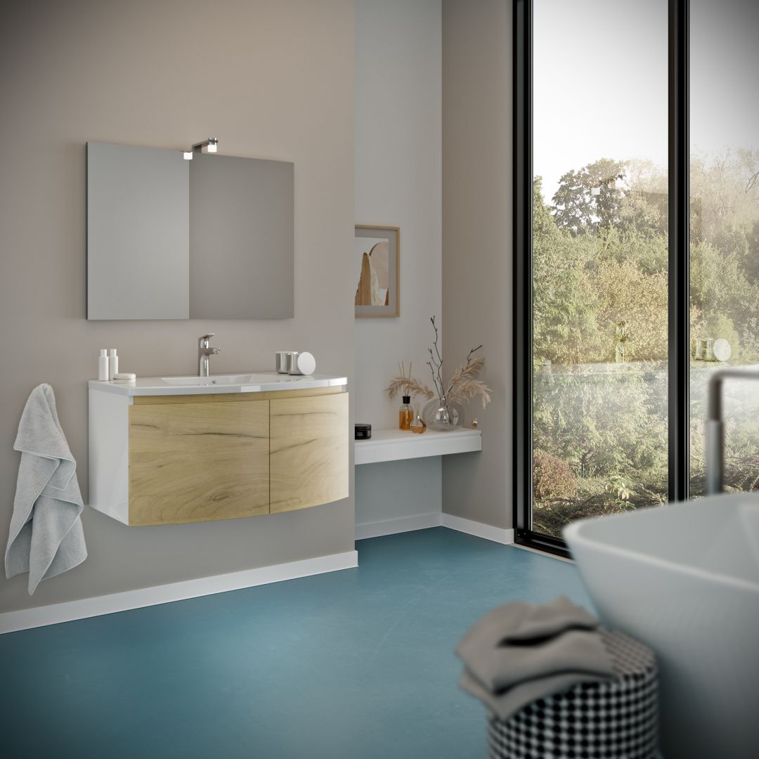 Mobile lavabo bagno curvo con ante rovere miele