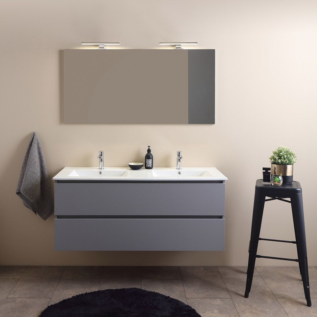 Mobile bagno sospeso con 2 cassetti, doppio lavabo e specchio