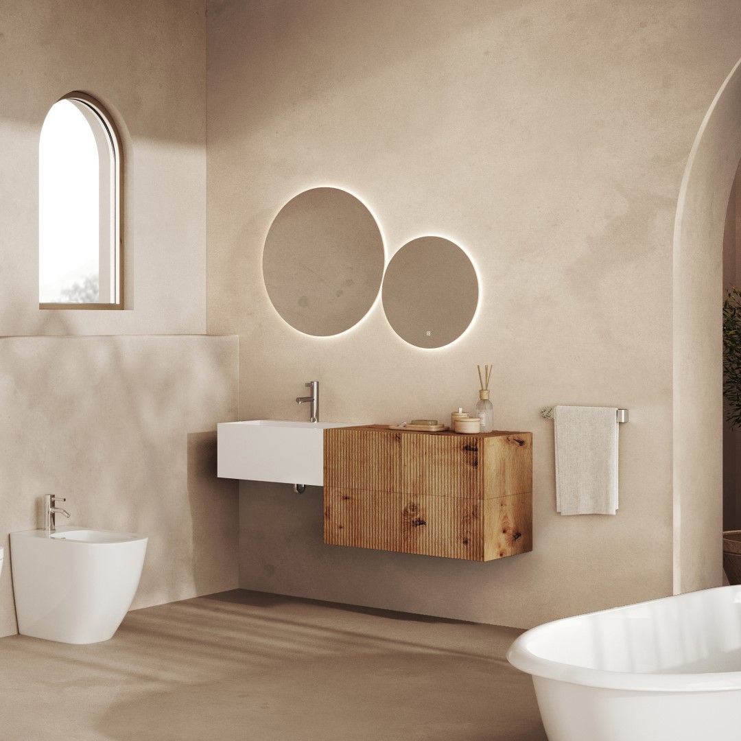 Mobile bagno moderno lavabo in resina bianco, 4 cassetti rovere oro con frontale cannettato, 2 specchi tondi
