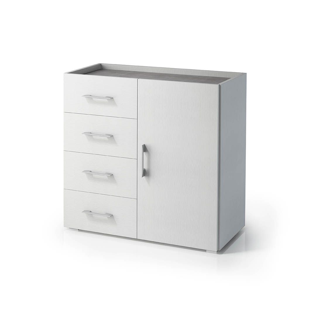 Mobiletto con anta e cassetti bianco, vassoio portaoggetti grigio cemento