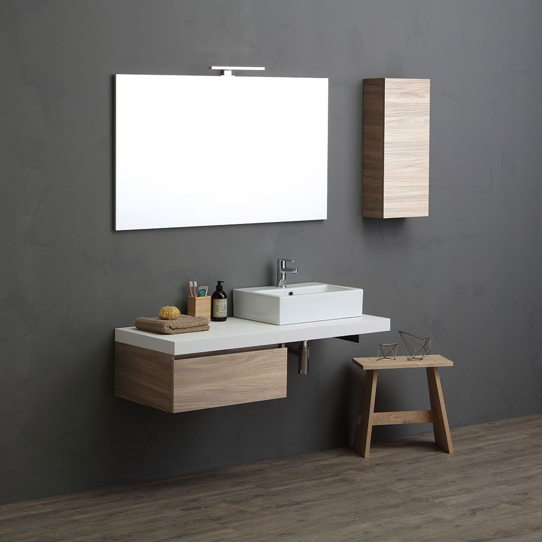 Mobile bagno sospeso con top bianco, cassetto e pensile rovere naturale