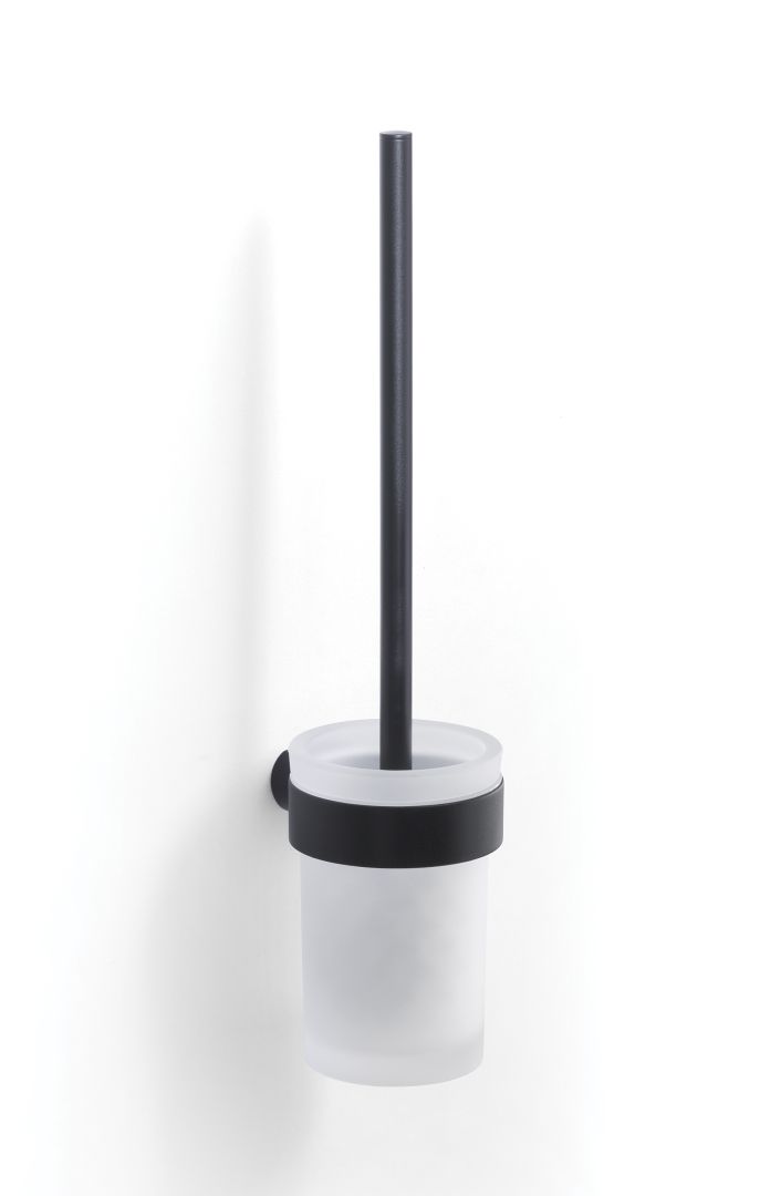 Portascopino per wc serie Palazzo con supporti neri e bicchiere in vetro fissaggio a parete
