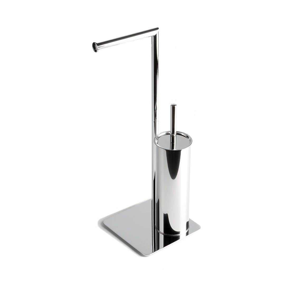 piantana porta carta igienica e porta scopino con basamento rettangolare in acciaio cromato