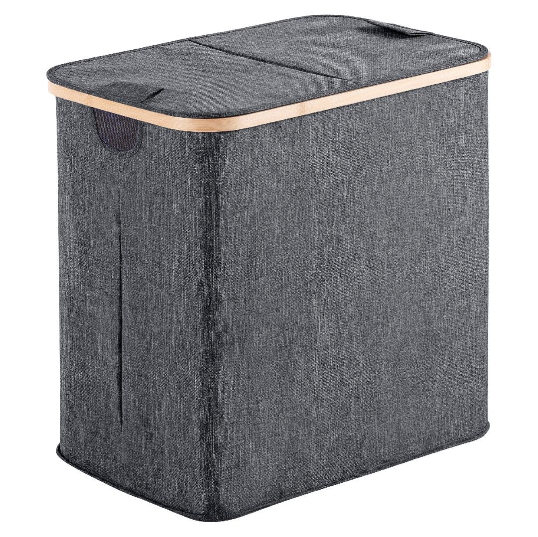 Cesto portabiancheria in poliestere grigio con bordo in bambu