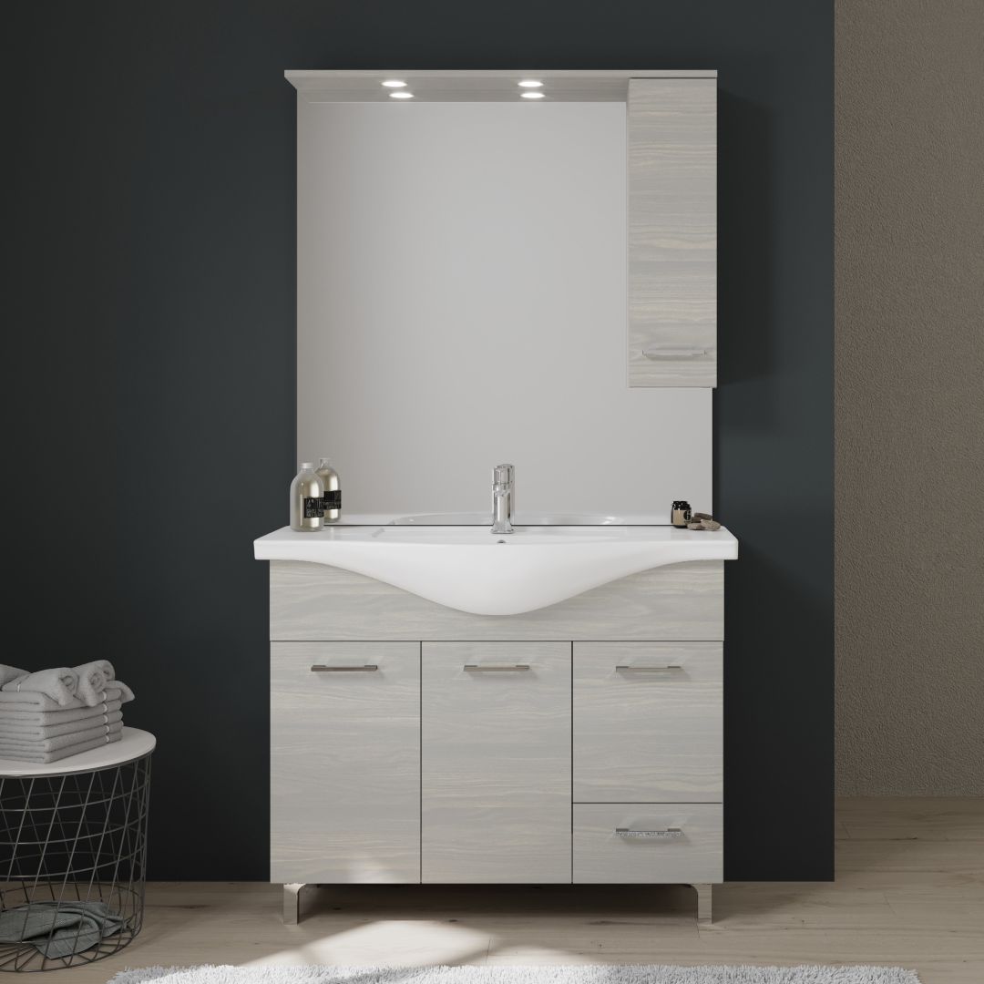 mobile bagno a terra con ante lavabo e specchio