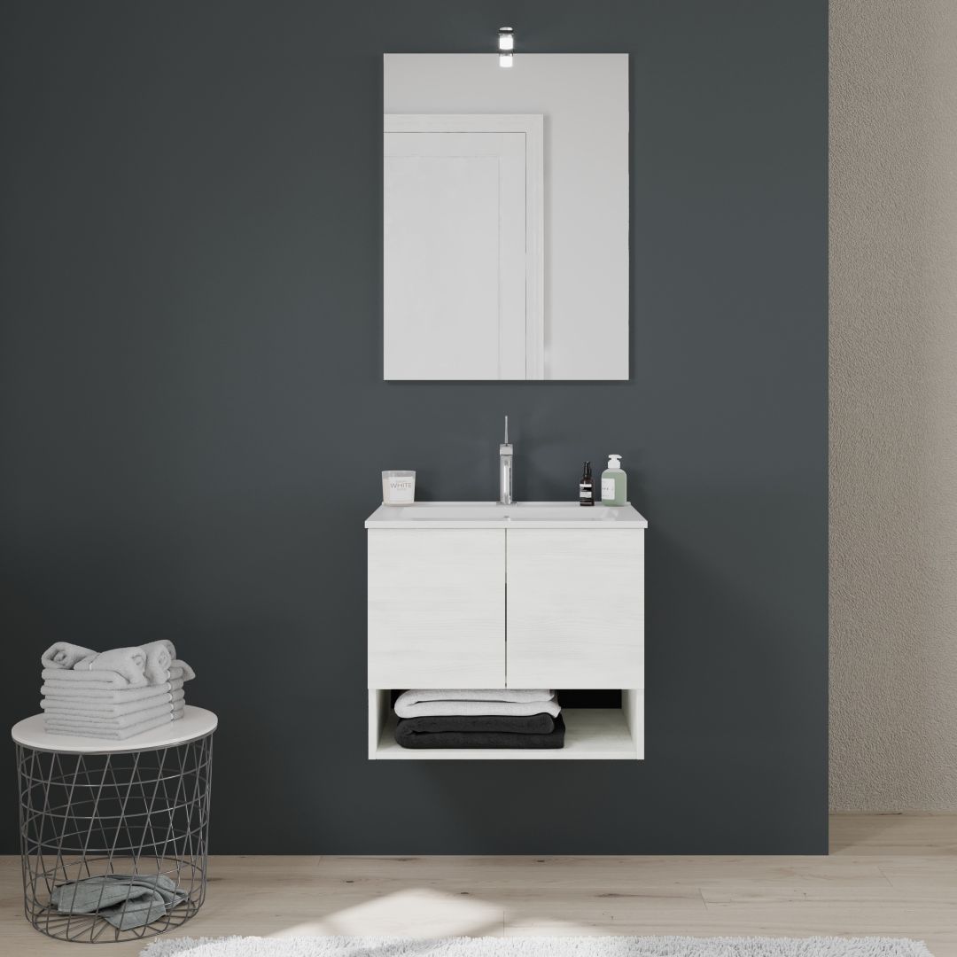mobile bagno sospeso con ante, lavabo e specchio