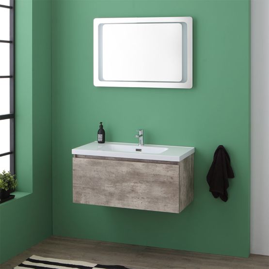 Mobile bagno con cassetto cemento e specchio led integrato