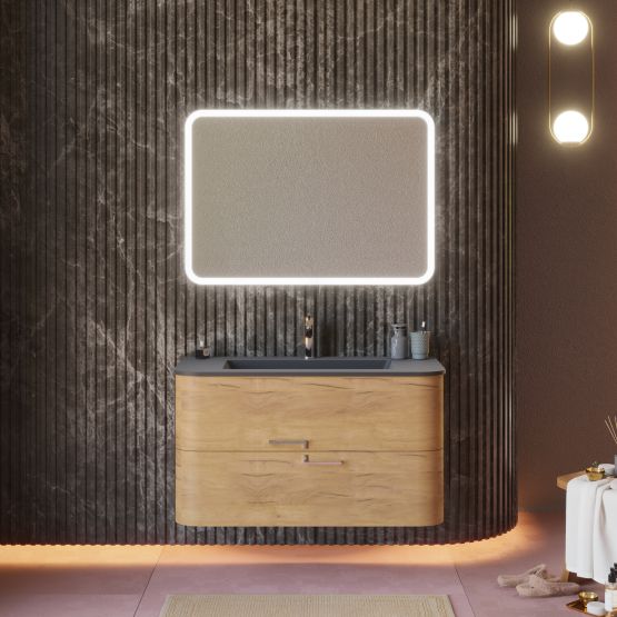 Mobile bagno sospeso 100cm rovere miele con lavabo nero e specchio Mobile bagno sospeso 100cm rovere miele con lavabo nero e specchio